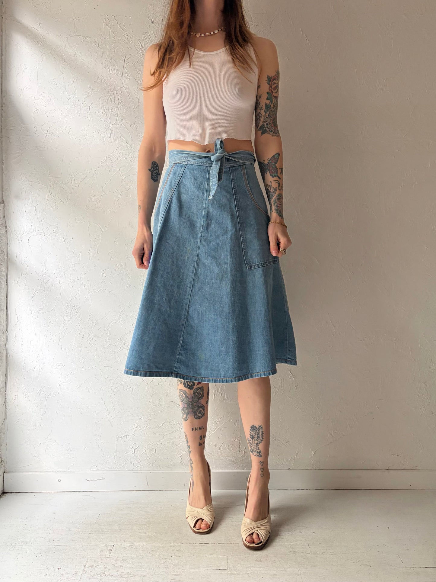 70s 'Pulse' Denim Western Wrap Summer Skirt/ Vintage 1970s Cowgirls Midi Skirt / Small