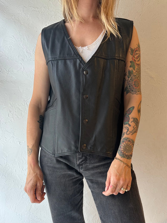 90s ‘Leather Ranch’ Black Leather Eagle Vest / Medium