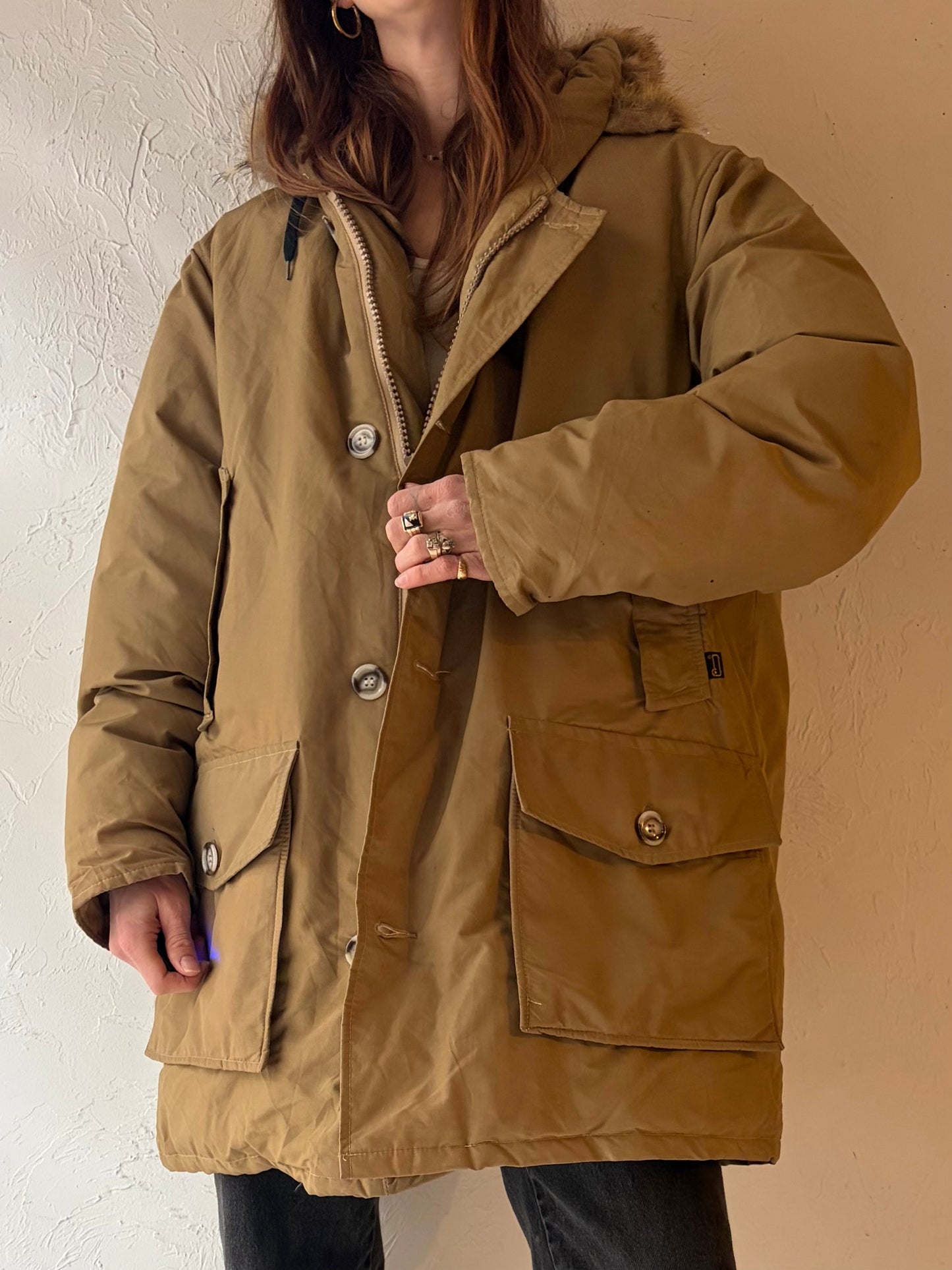 60s 'Woolrich' Retro Goose Down Polar Parka / Vintage 1960s Tan Puffy Artic Winter Coat / Large