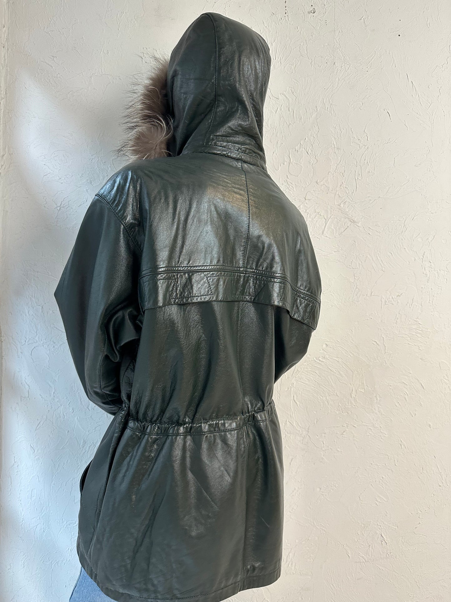 Y2k 'New Trend' Green Leather Drawstring Jacket / Medium
