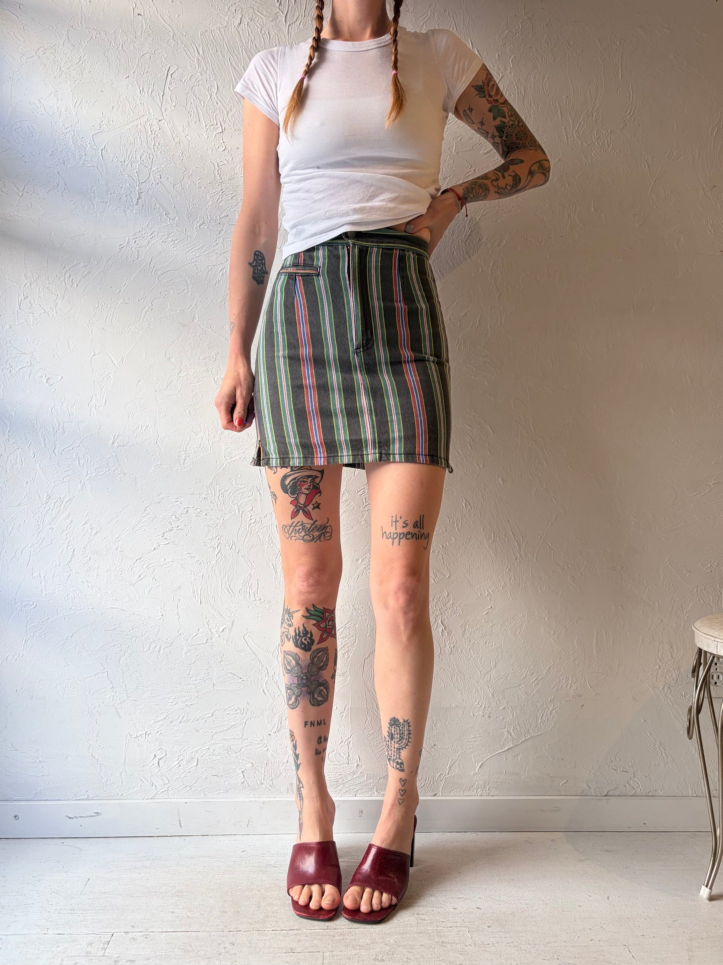 90s 'Guess' Striped Denim Micro Mini Skirt / XS