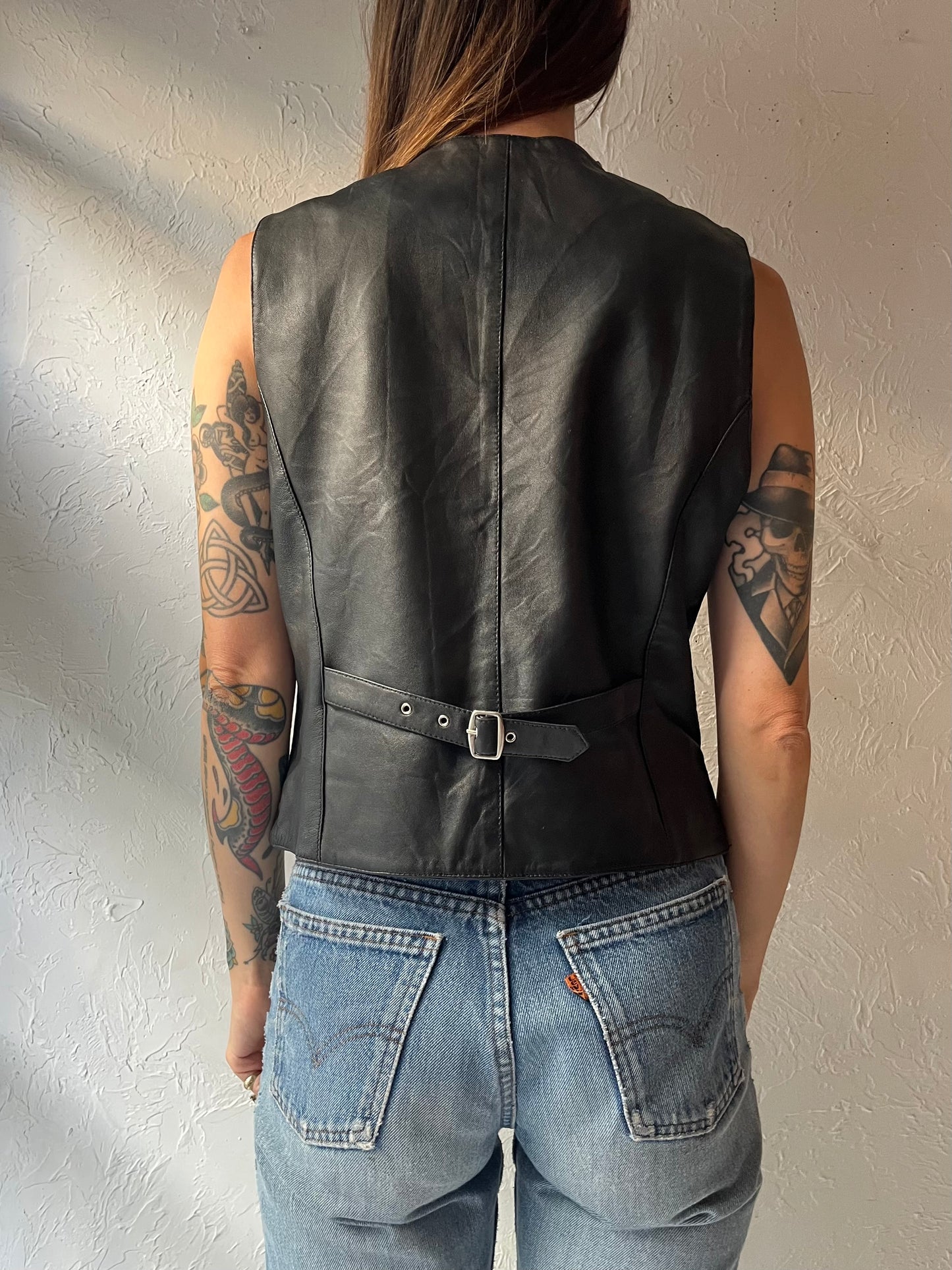 90s Vintage Black Genuine Leather Minimalist Grunge Vest / Medium