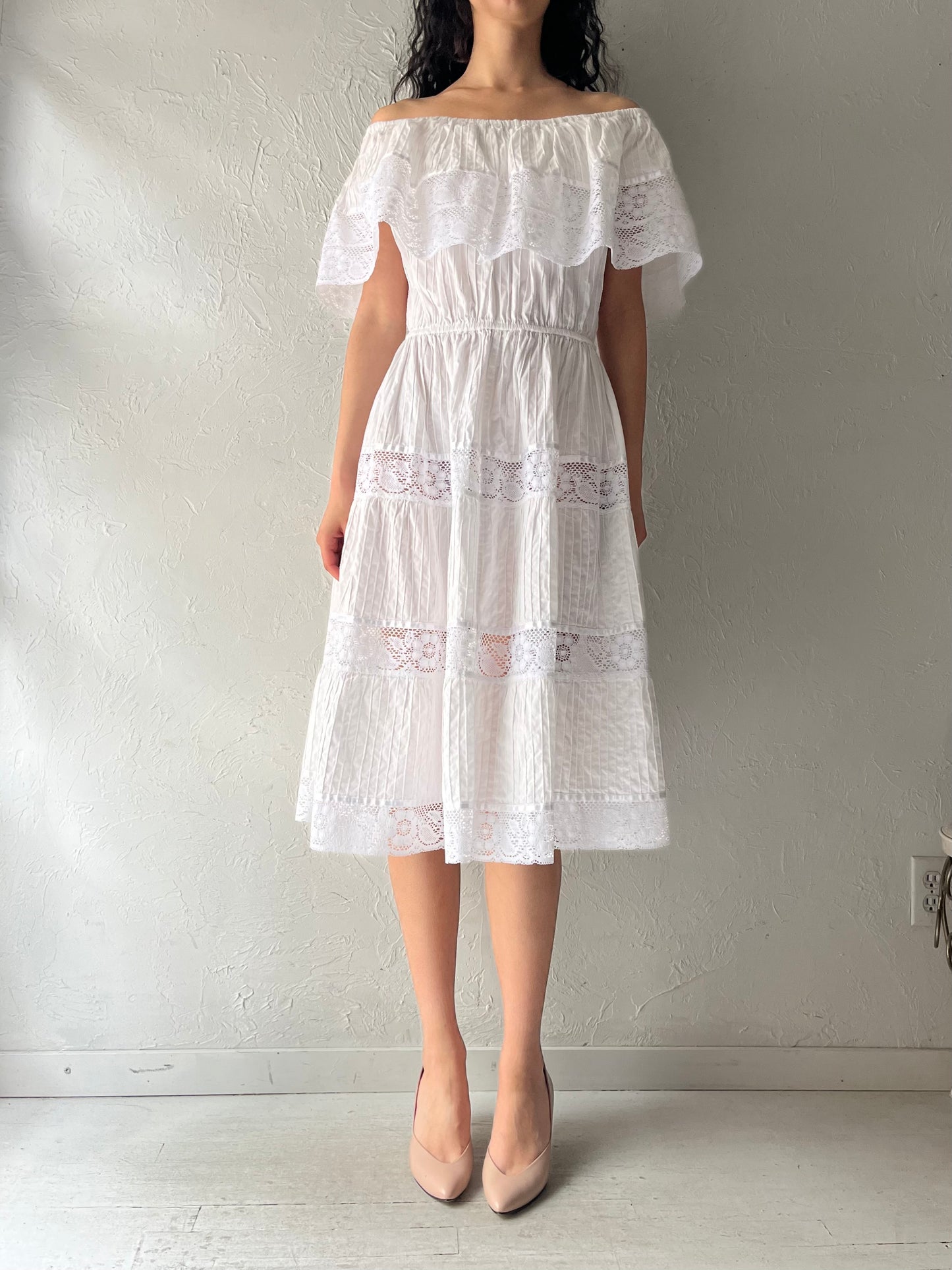 Vintage White Cotton Off the Shoulder Hippie Midi Dress / Small