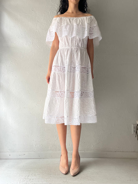 Vintage White Cotton Off the Shoulder Hippie Midi Dress / Small