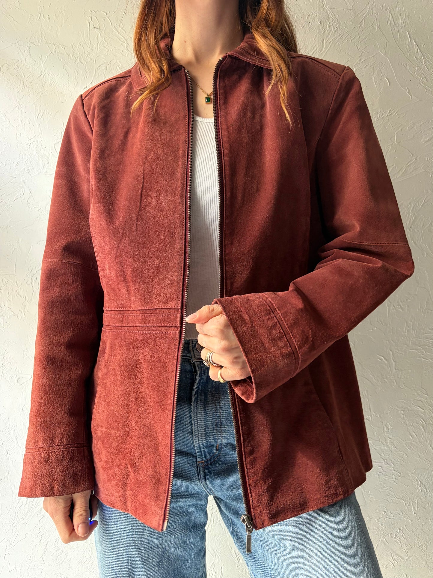 Y2k 'Jessica' Vintage Minimalist Burgundy Suede Leather Jacket / XL