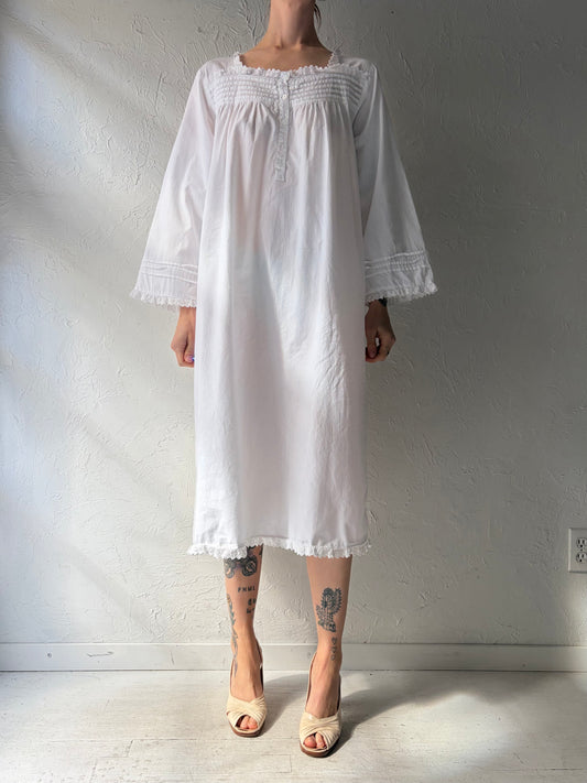 90s 'Nice N Comfy' White Long Sleeve Nightgown Dress / Vintage Cotton Nighty Dress /Large