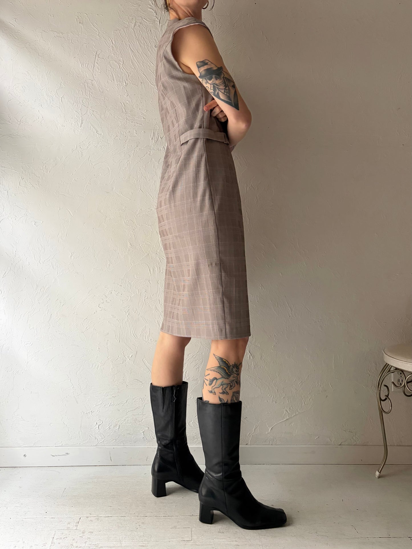 Y2k 'Le Chateau' Grey & Pink Plaid Preppy Academia Dress / Vintage 2000s Retro Office Wear Midi Dress / Medium