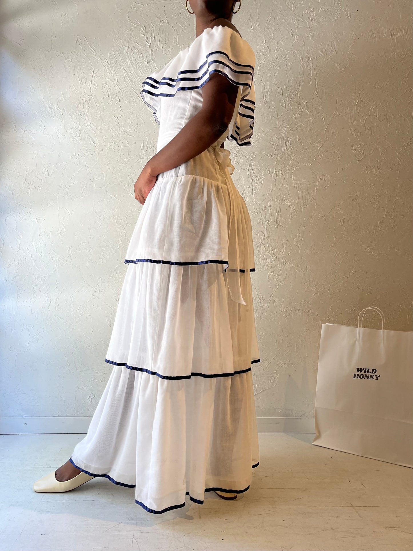 70s 'Roberta' White Tiered Maxi Dress / Medium