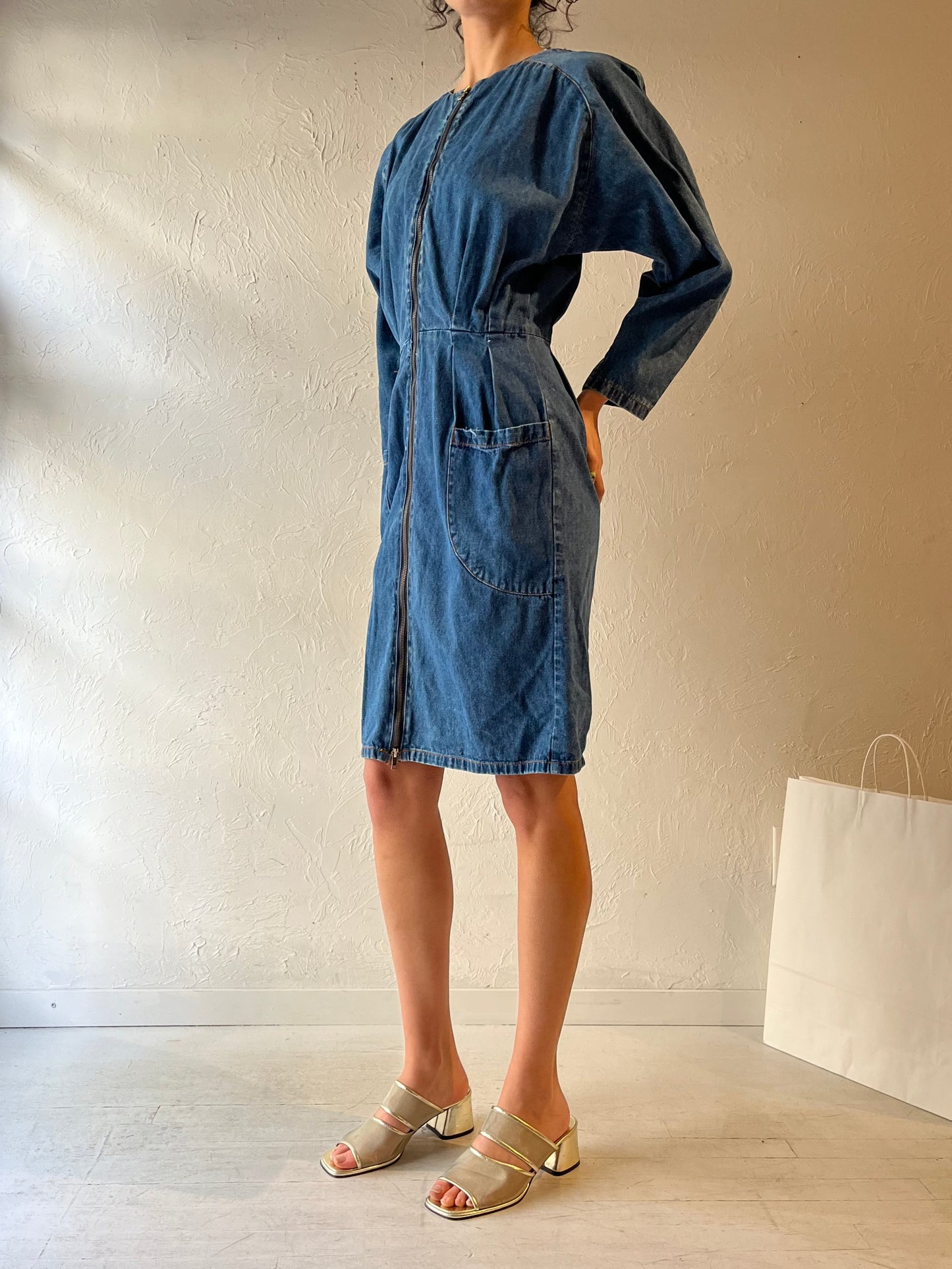 90s ‘CM’ Long Sleeve Denim Mini Dress / Medium