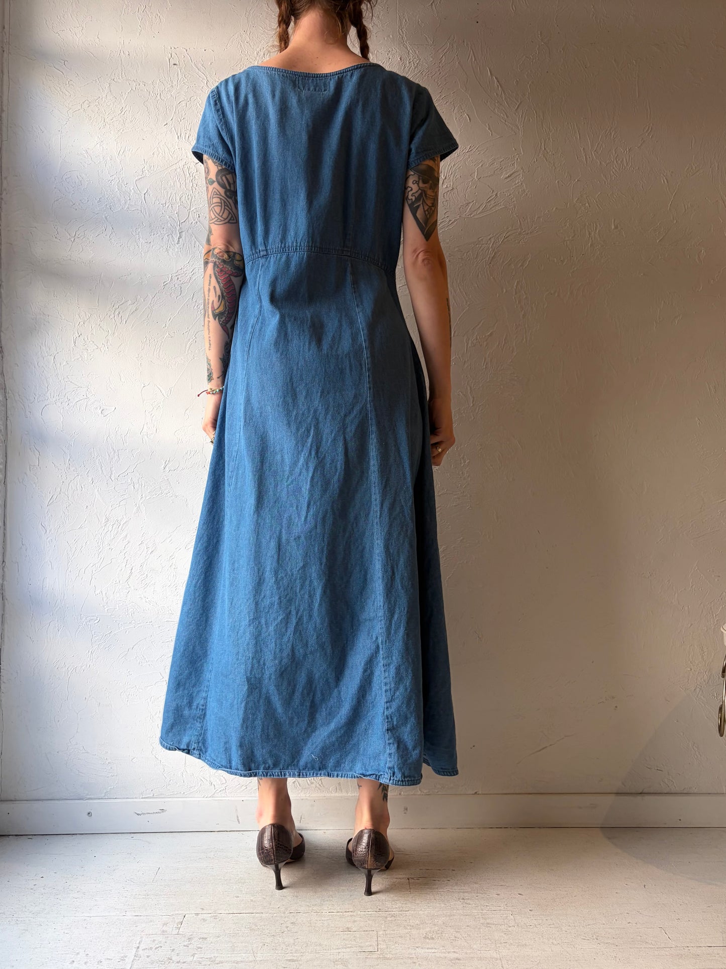 90s 'East West' Button Up Denim Maxi Dress / Medium