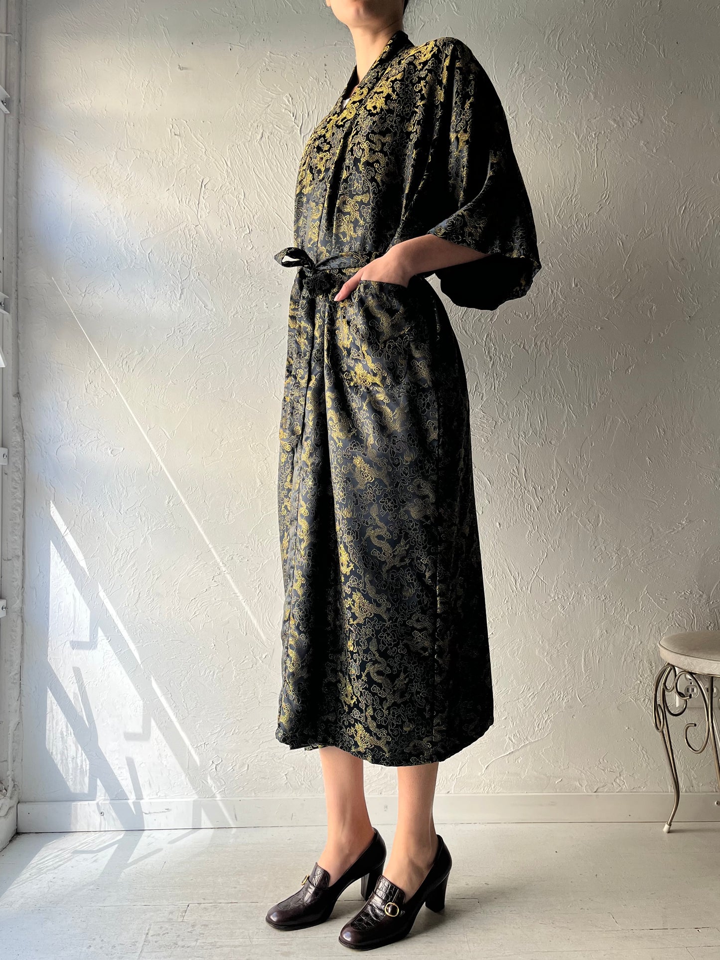 Vintage Dragon Print Robe / Navy Kimono Style Robe / Large