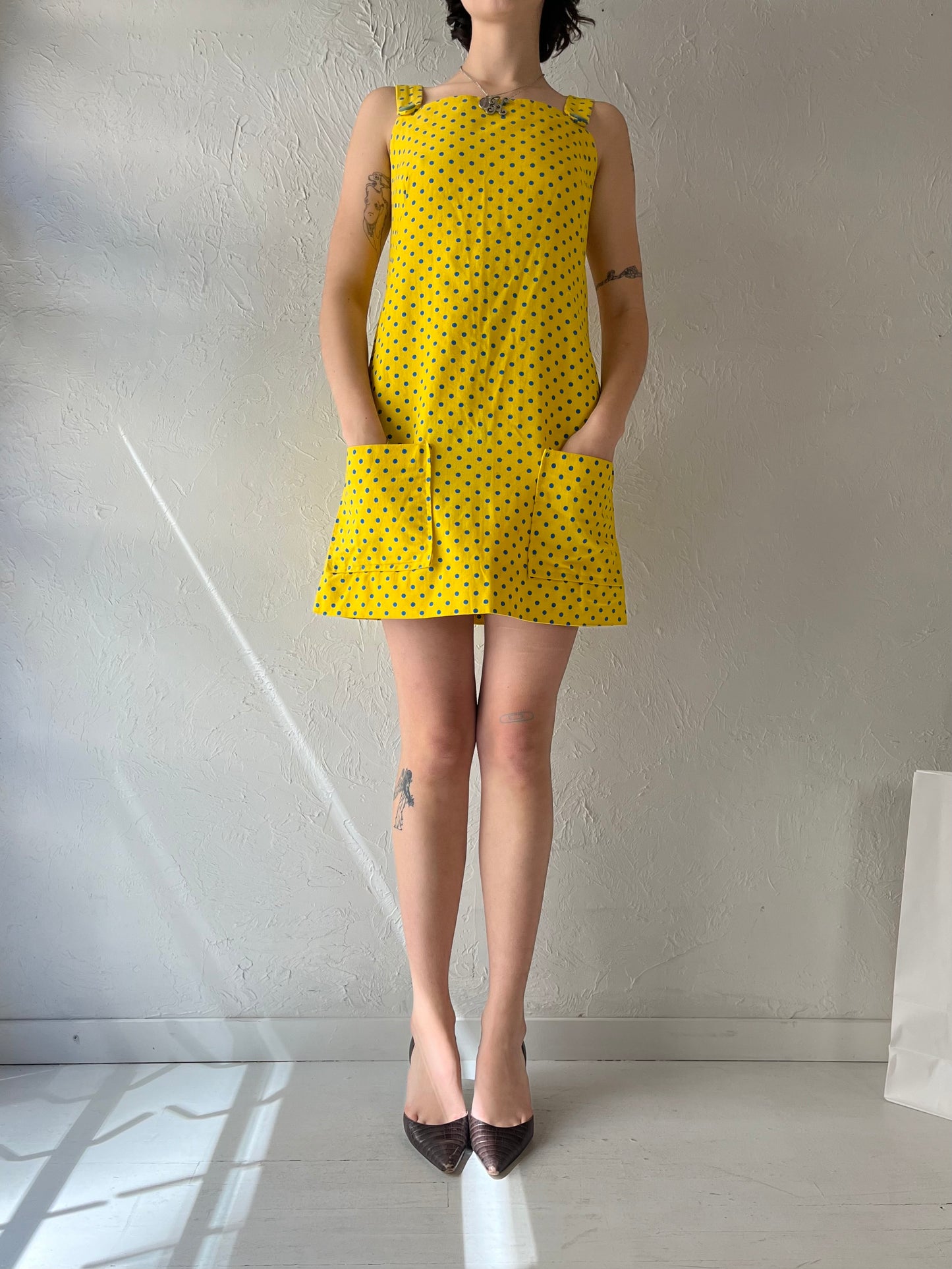 Vintage Handmade Yellow Polka Dot Mini Dress / Small