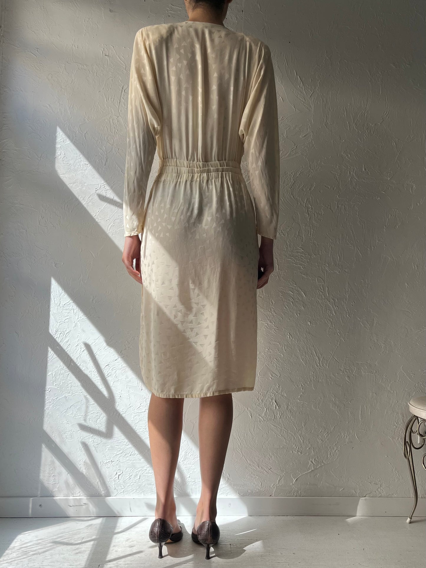 80s 'Nora Noh' Cream Silk Retro Long Sleeve Dress / Vintage 1980s Wrap Midi Dress / Medium
