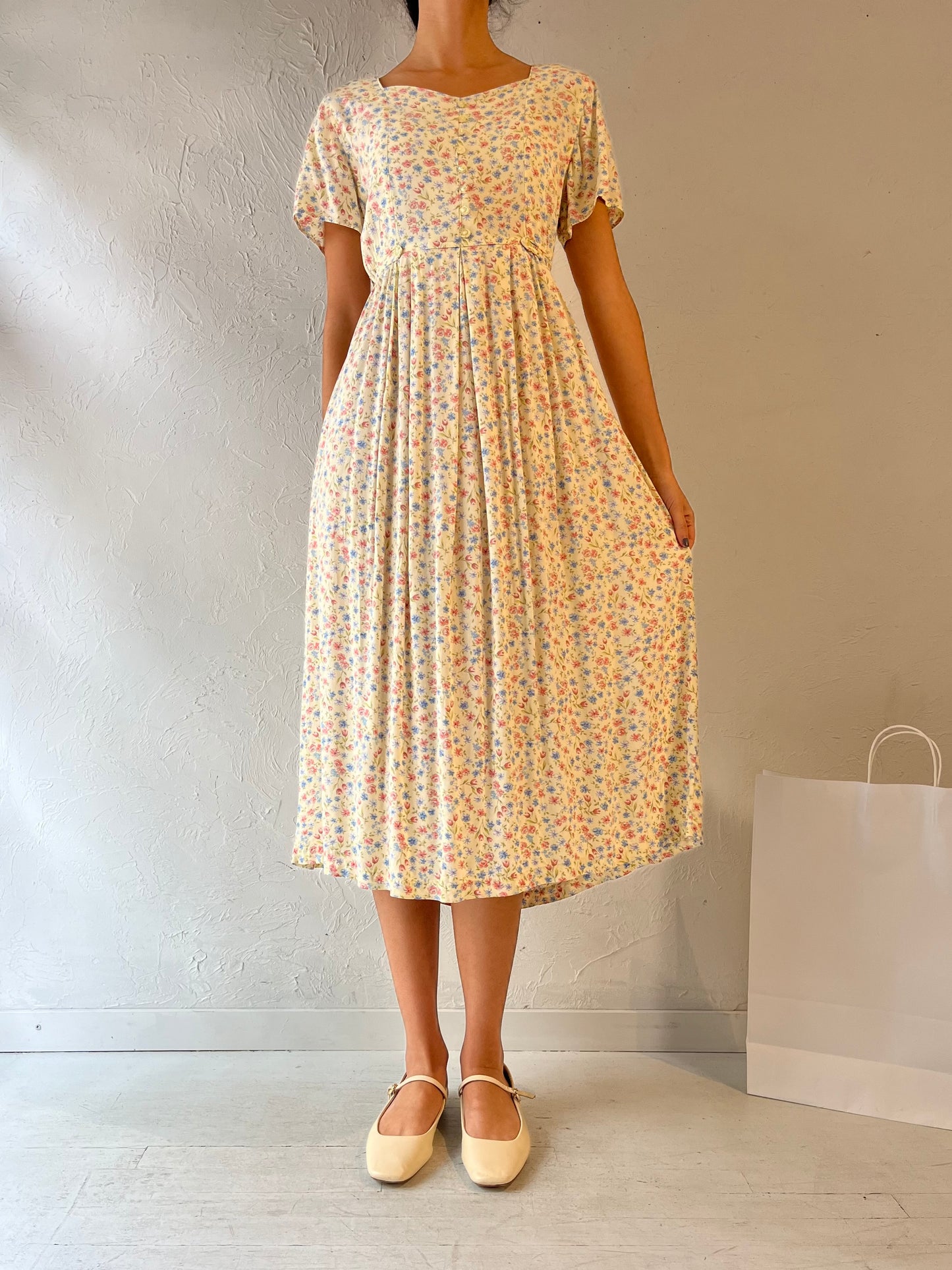 90s 'Erika' Pale Yellow Floral Print Rayon Dress / Medium