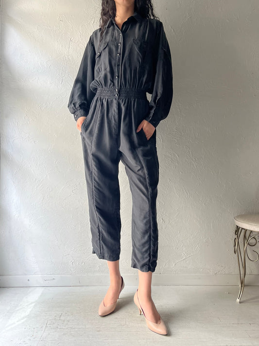 90s 'Sandwash' Black Retro Silk Jumpsuit / 1990s Minimalist One Piece / Small