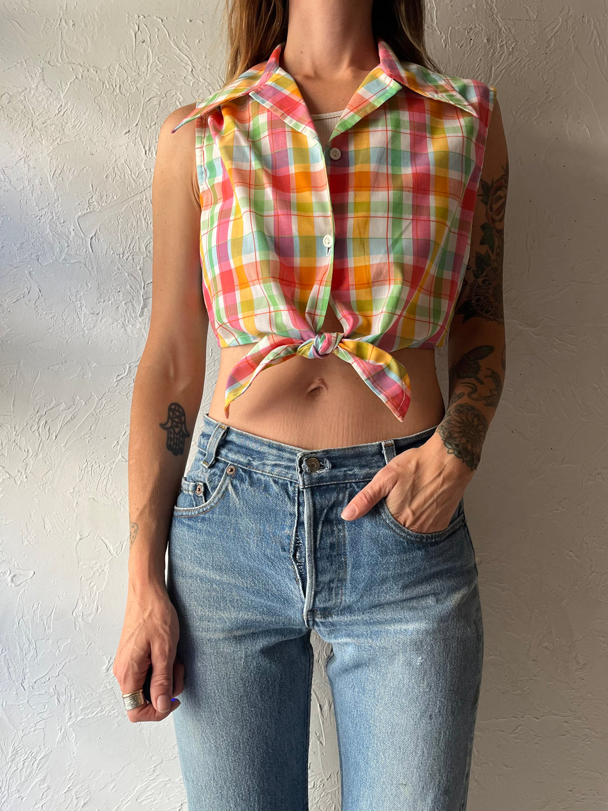 70s 'Fritzy' Plaid Tie Up Crop Top / Medium