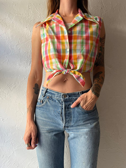 70s 'Fritzy' Plaid Tie Up Crop Top / Medium