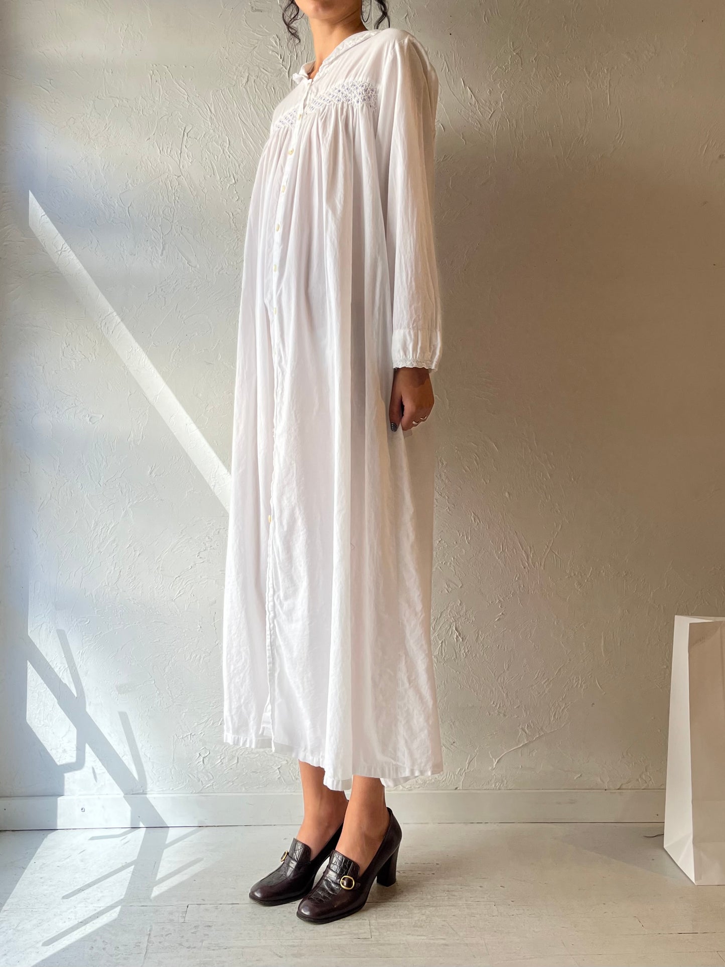 90s 'April Cornell' White Cotton Maxi Dress / Small - Medium