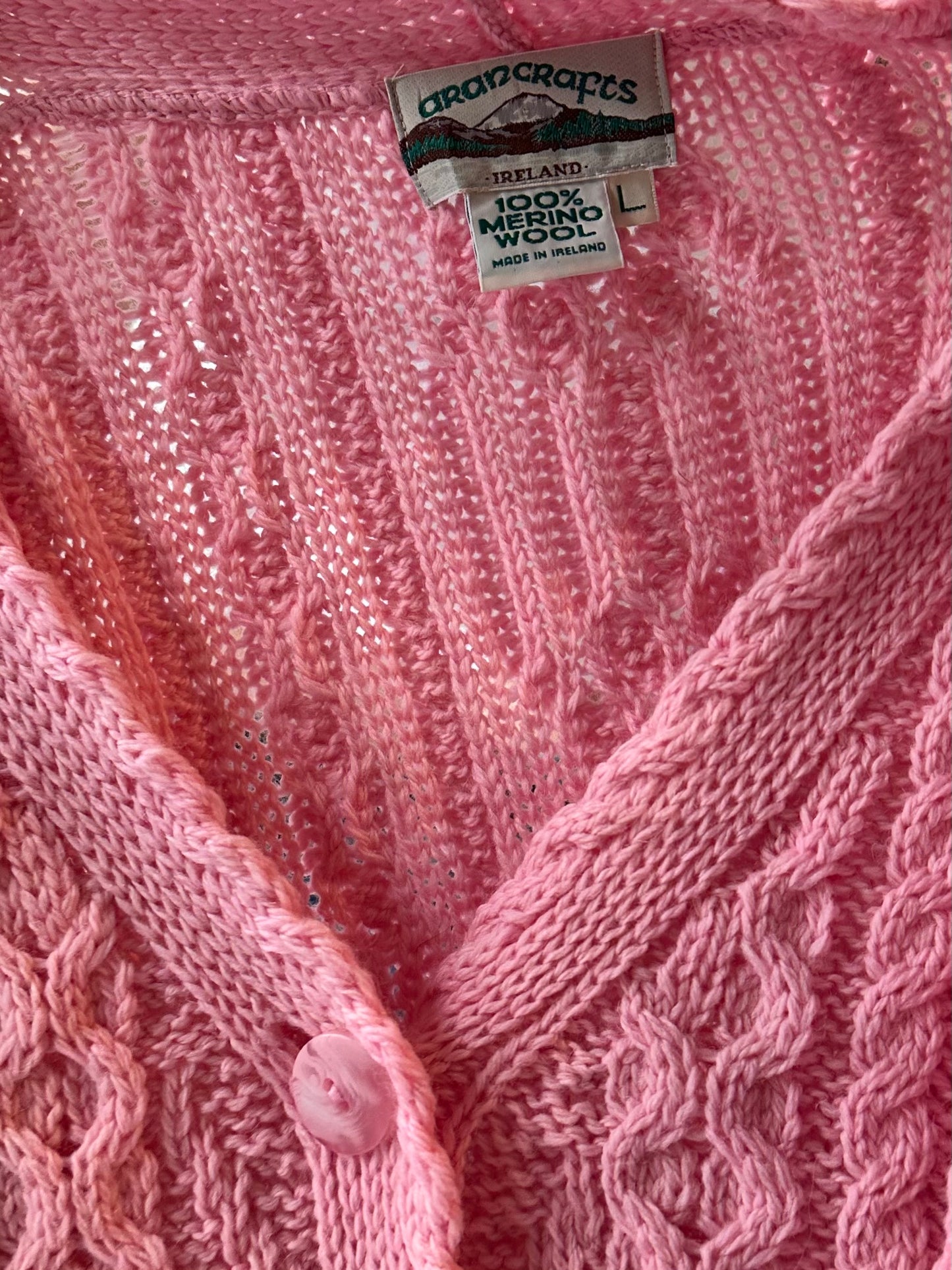 Vintage 'Arancrafts' Pink Merino Wool Cardigan Sweater / Large