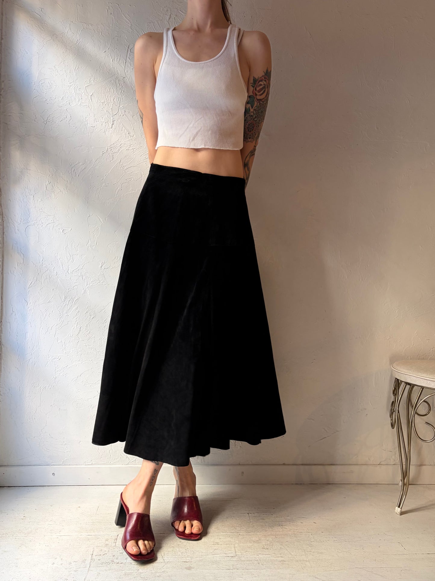 80s 'Maglia' Black Suede Leather Midi Skirt / Medium