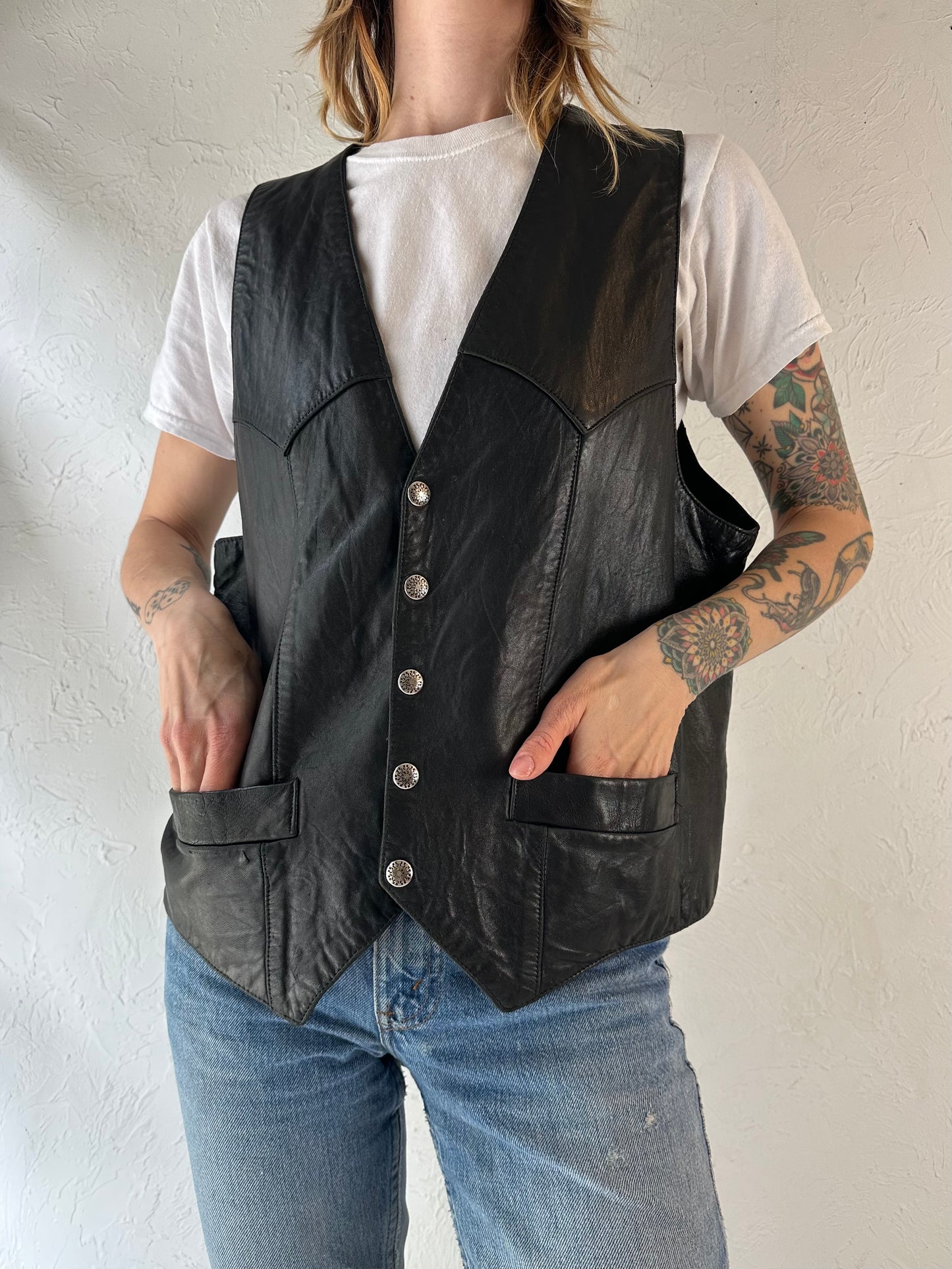 90s 'Expressions' Black Leather Vest / Large