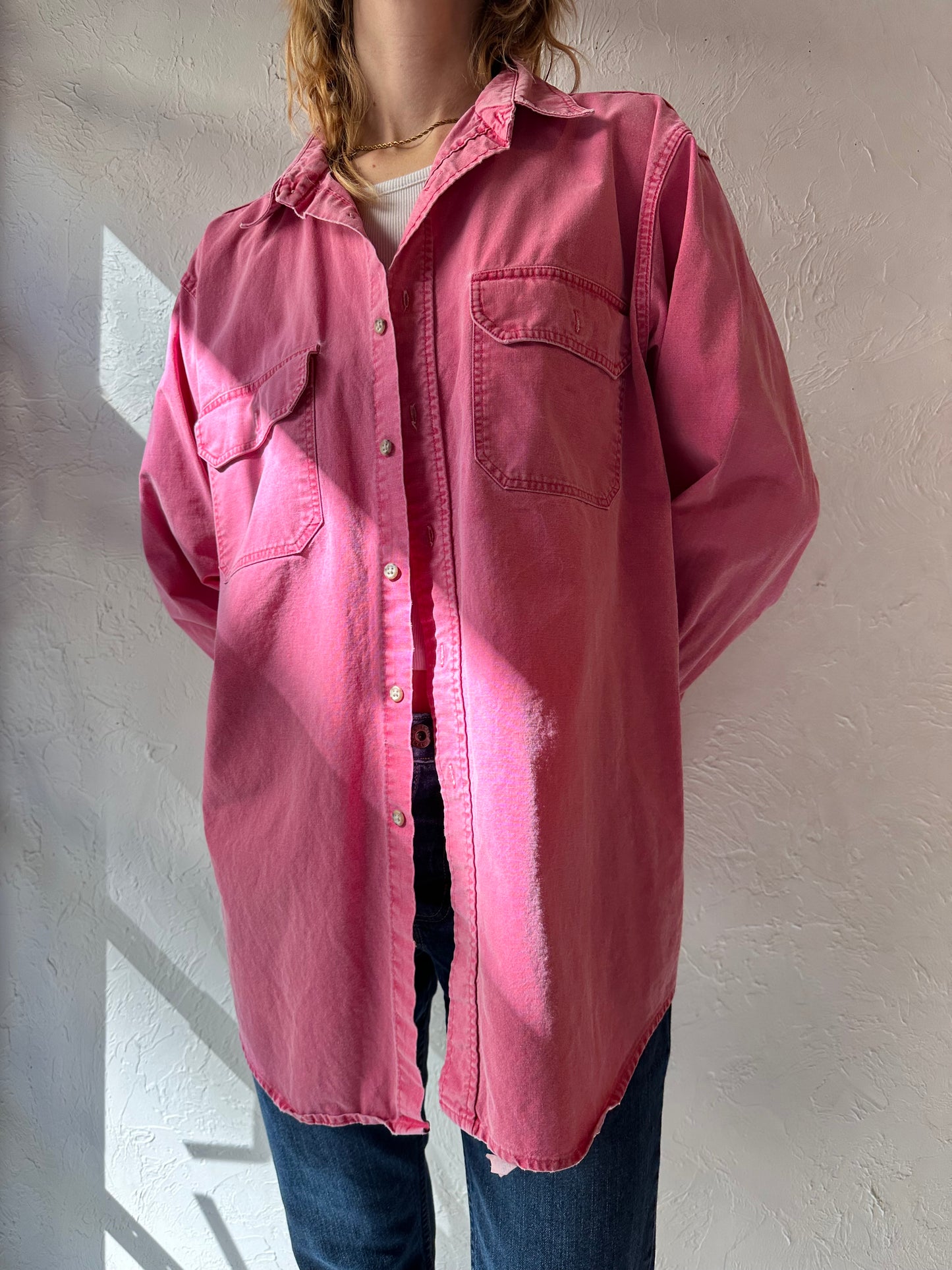 90s 'Woolrich' Pink Cotton Button Up Shirt / Large