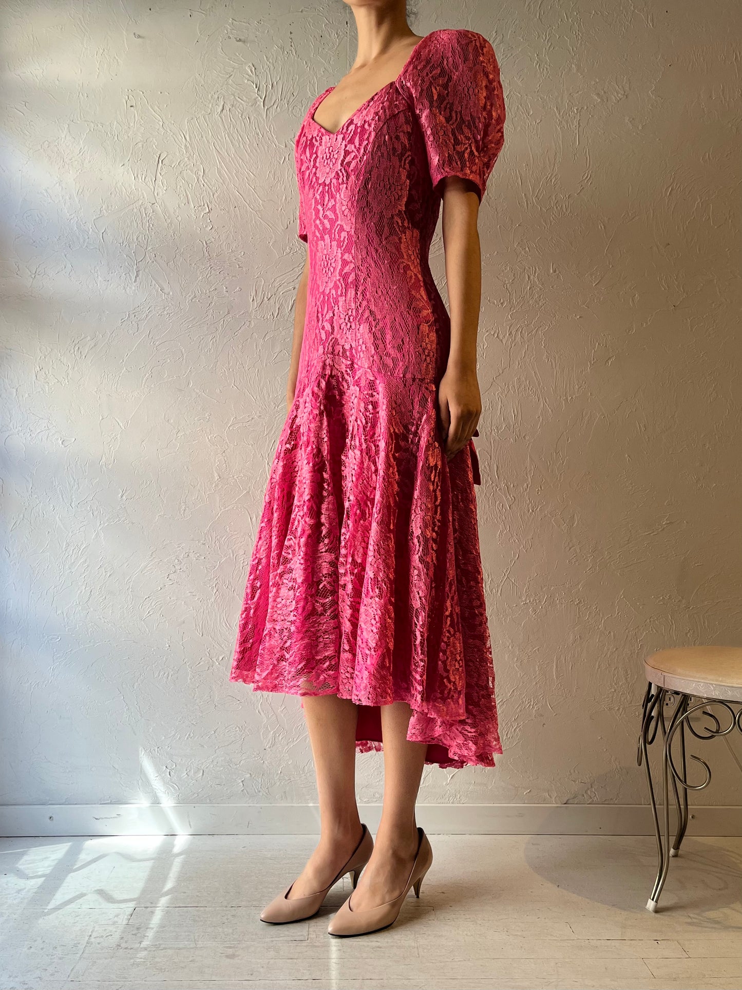70s 'Nu Mode' Pink Lace Formal Prom Dress / Small