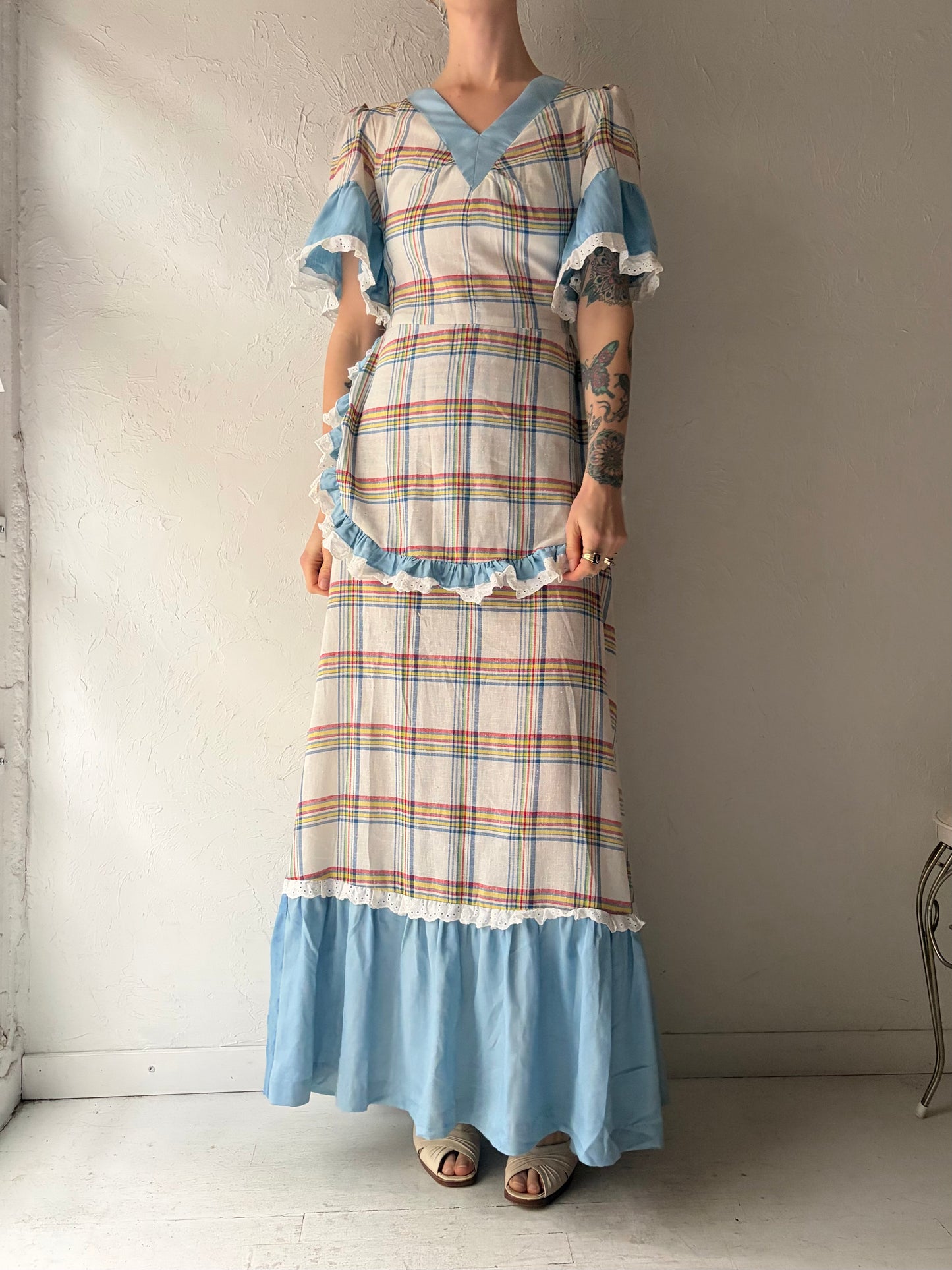 80s Plaid Apron Chore Maxi Dress / Small