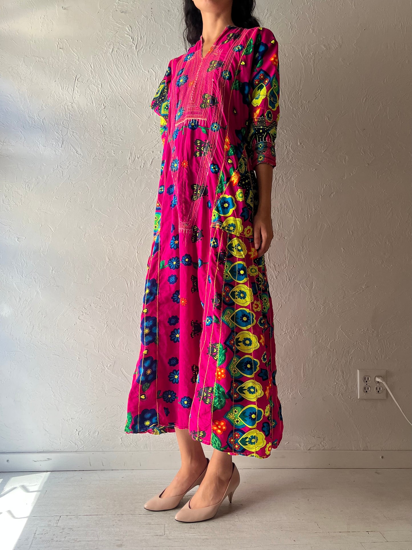 Vintage Handmade Pink Floral Retro Boho Hippie Summer Maxi Dress / Medium
