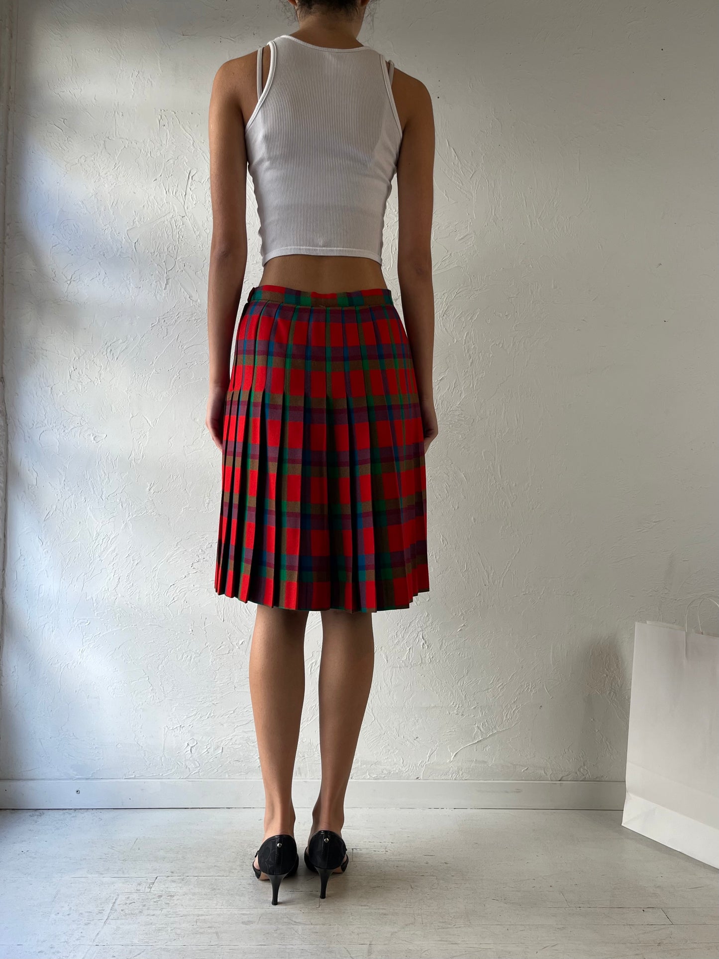 80s ‘Tan Jay’ Pleated Plaid Wool Midi Skirt / Medium