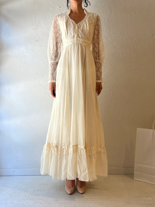 70s ‘JS’ Cream Lace Long Sleeve Dress / Small