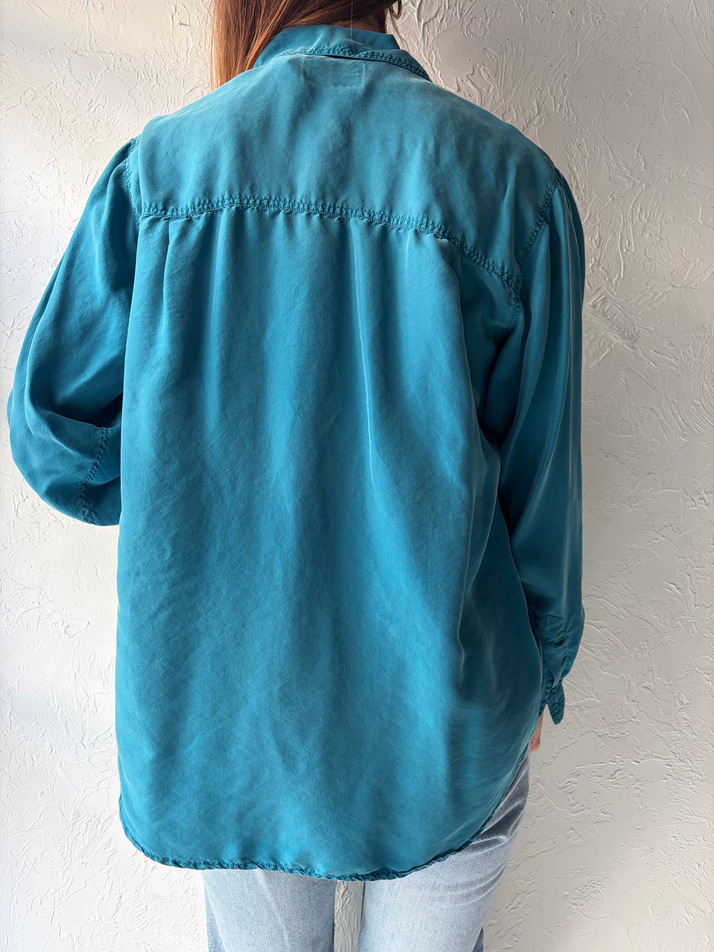 90s 'Canary Island' Blue Minimalist Silk Button Up Shirt / Vintage 1990s Normcore Blouse / Medium