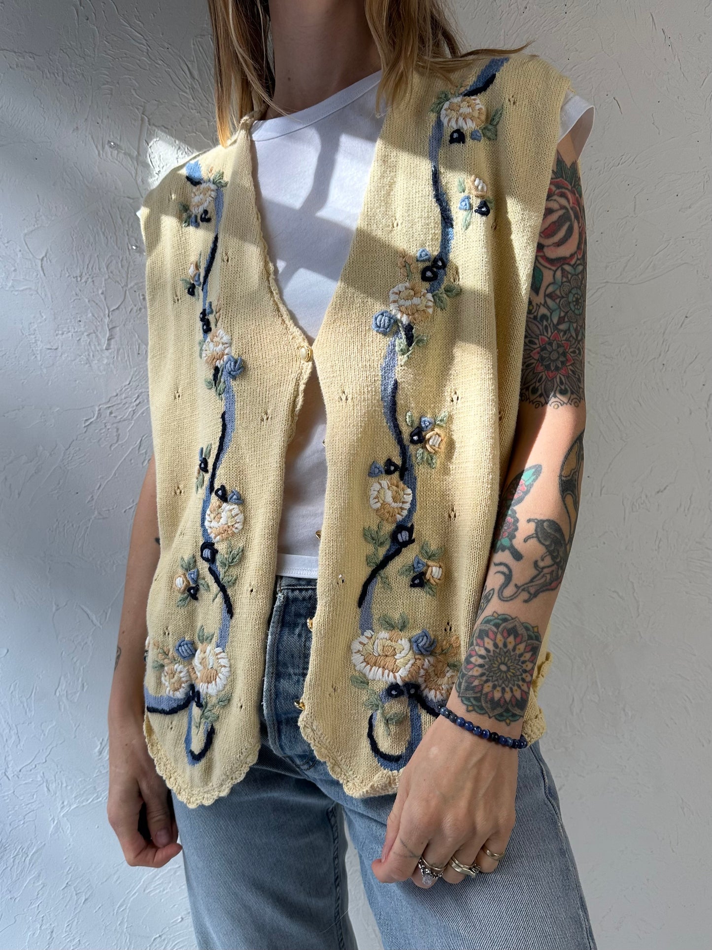 90s ‘Koret’ Yellow Floral Knit Vest / XL