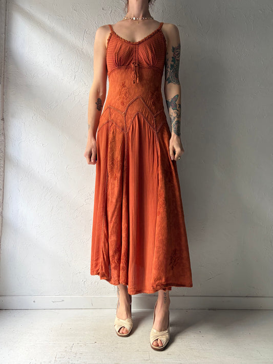 Y2k 'Flower' Orange Fairy Core Summer Dress / Vintage 2000s Boho Hippie Maxi Dress / Medium