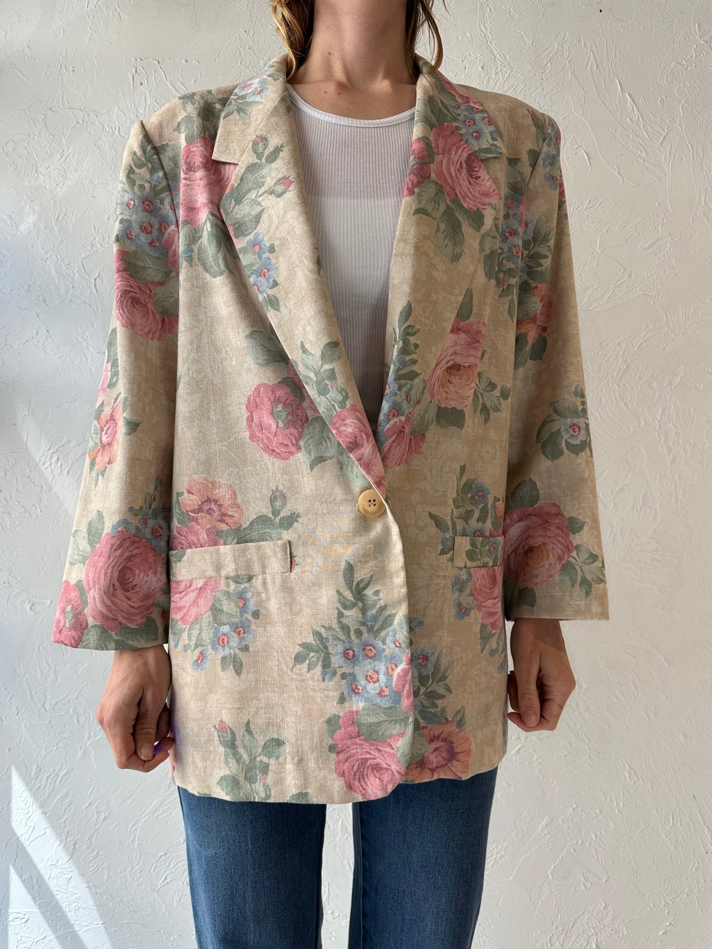 90s 'San Moire' Floral Blazer Jacket / Large