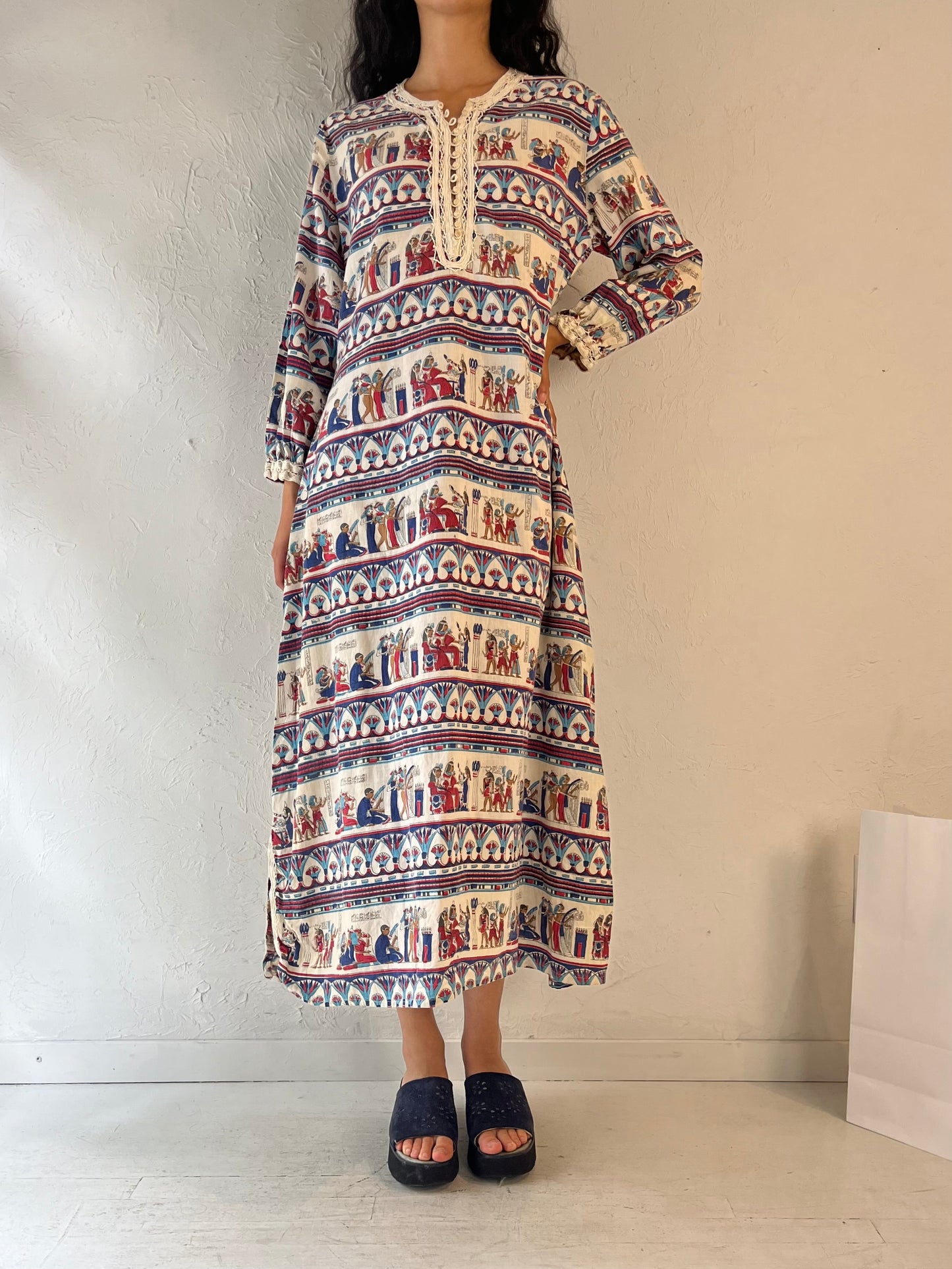 Vintage Handmade Egyptian Patterned Kaftan Dress / Medium