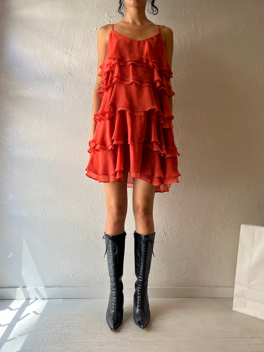 90s ‘Papillon’ Orange Ruffle Dress / XL