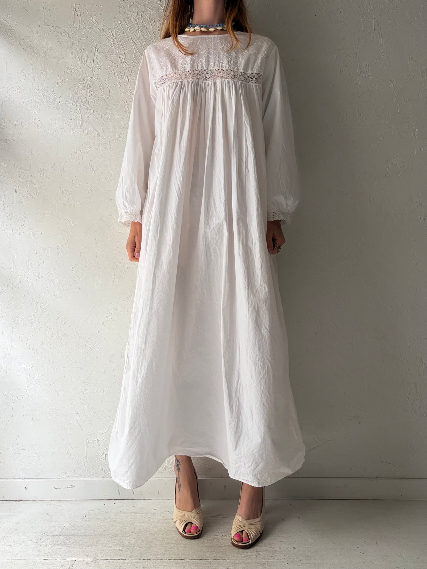 90s 'Past Times' White Cotton Maxi Dress /  Medium