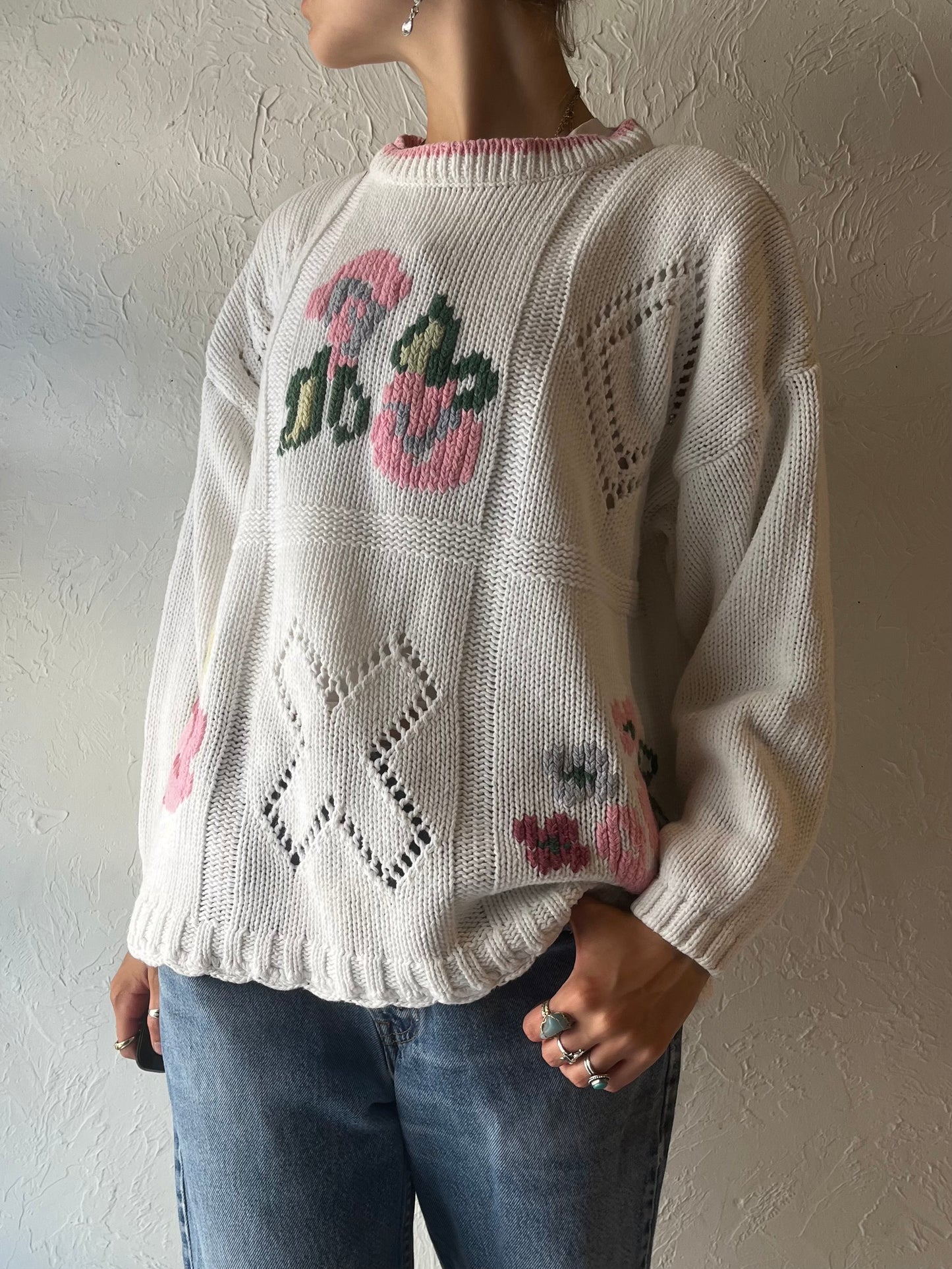 90s 'Street Level' Cotton Ramie Floral Knit Sweater / Large