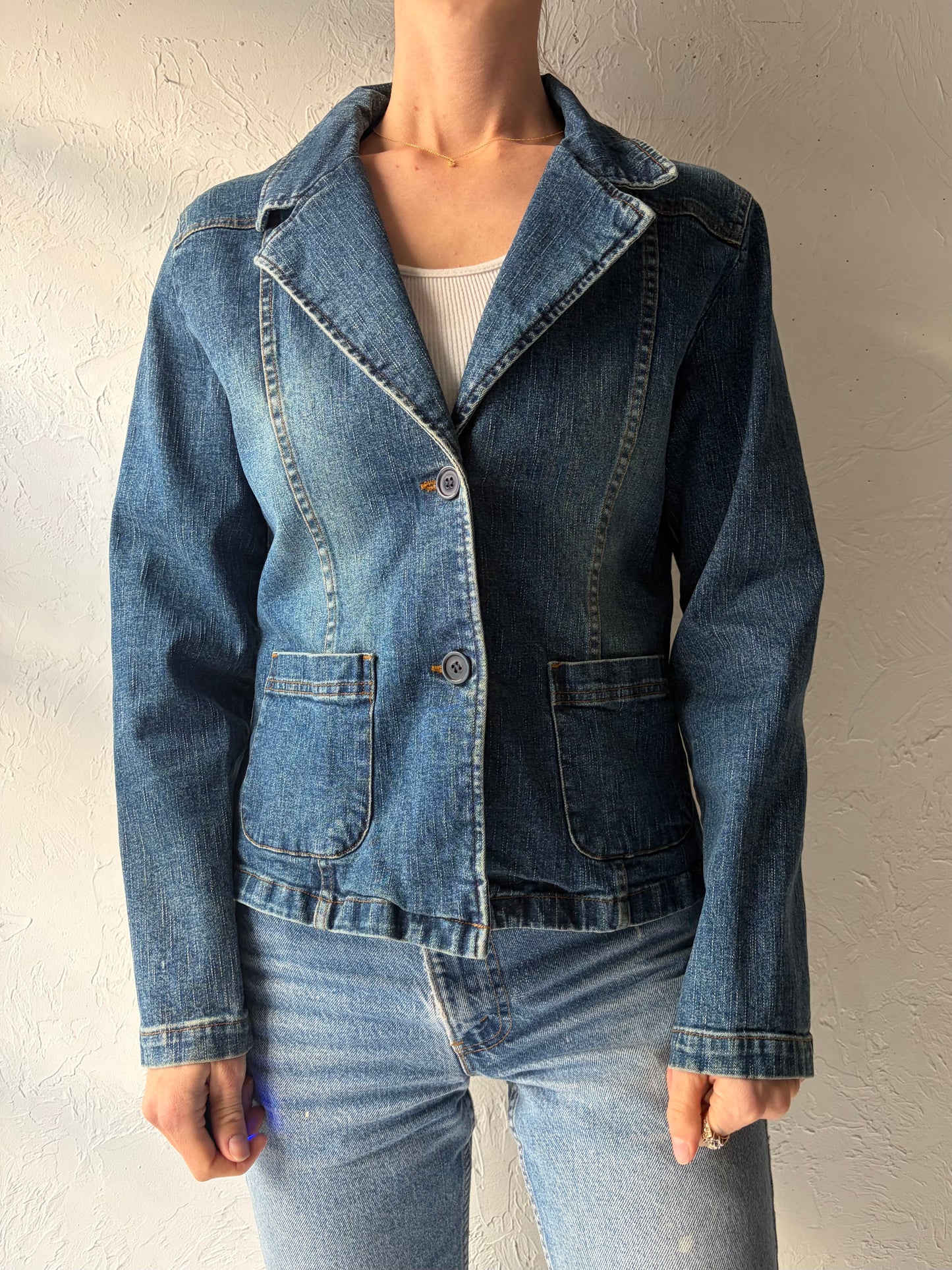 Y2k 'Kali-Girl' Denim Minimalist Blazer / Vintage 2000s Tailored Streetwear Jean Jacket / Medium