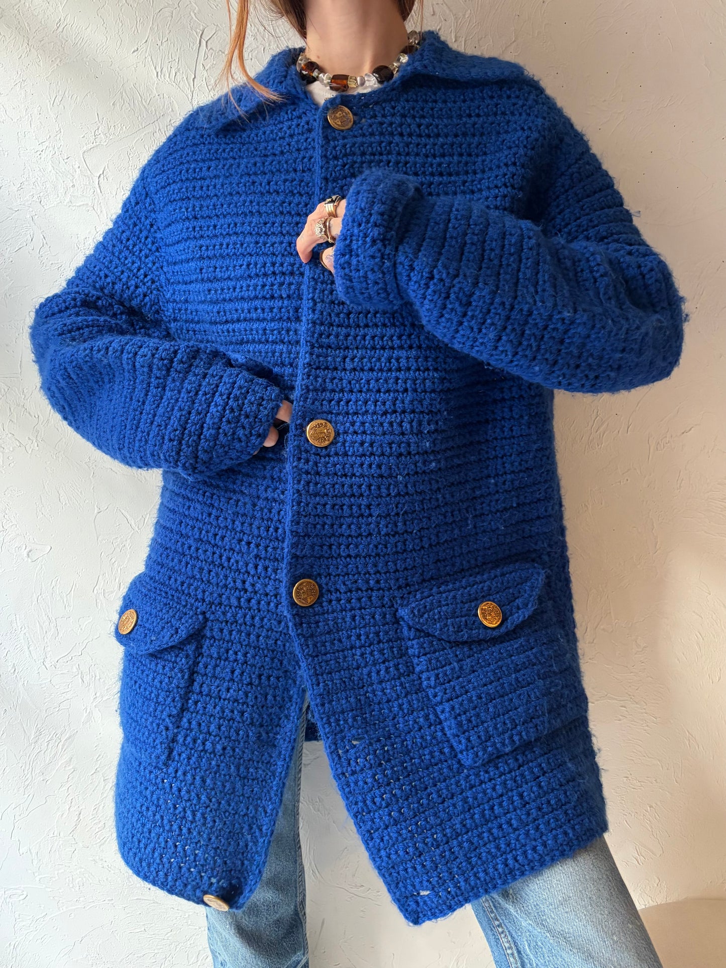 Vintage Royal Blue Crochet Cardigan Sweater / Large