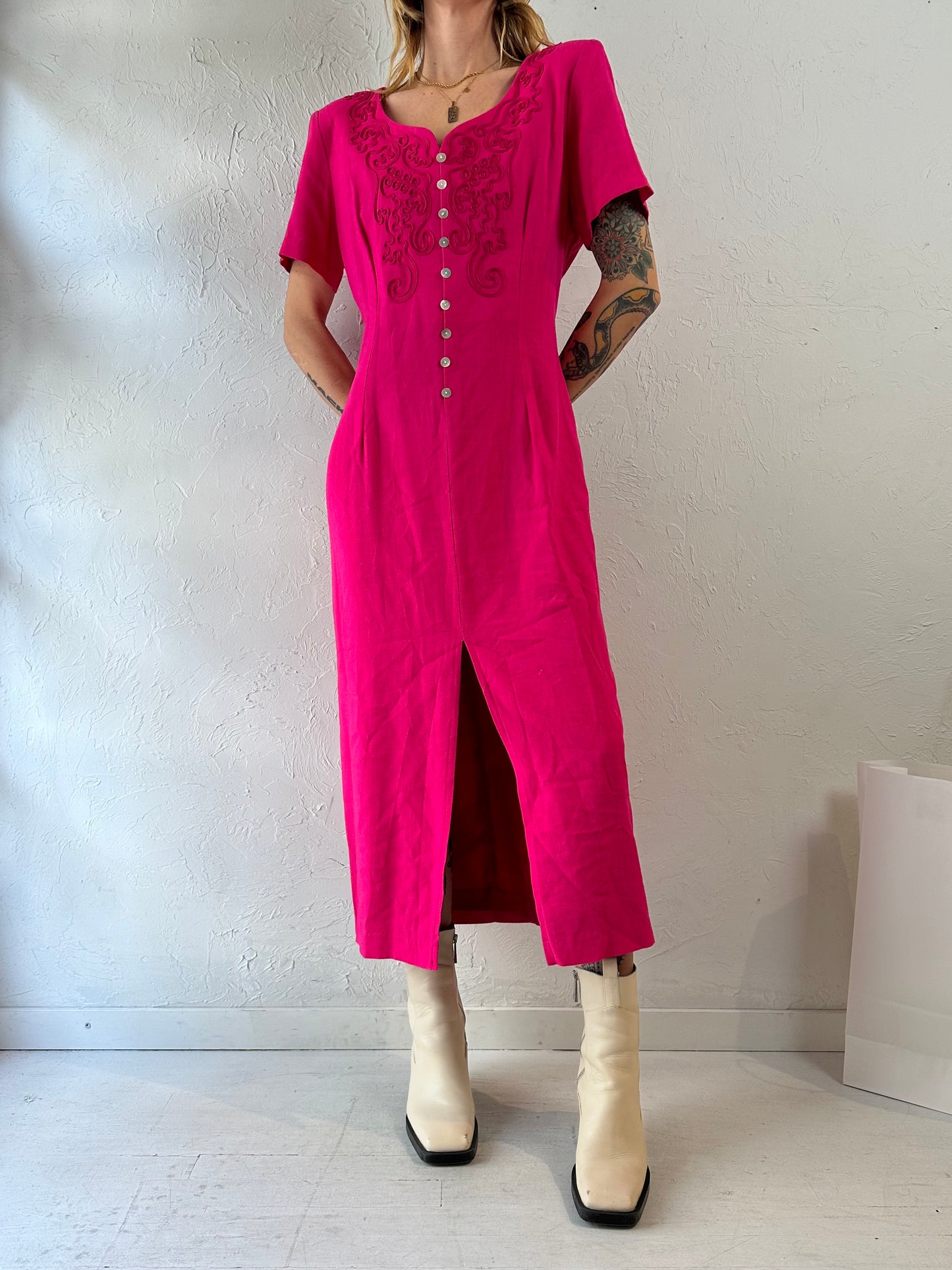 80s 'Dawn Joy' Hot Pink Linen Rayon Maxi Dress / Large