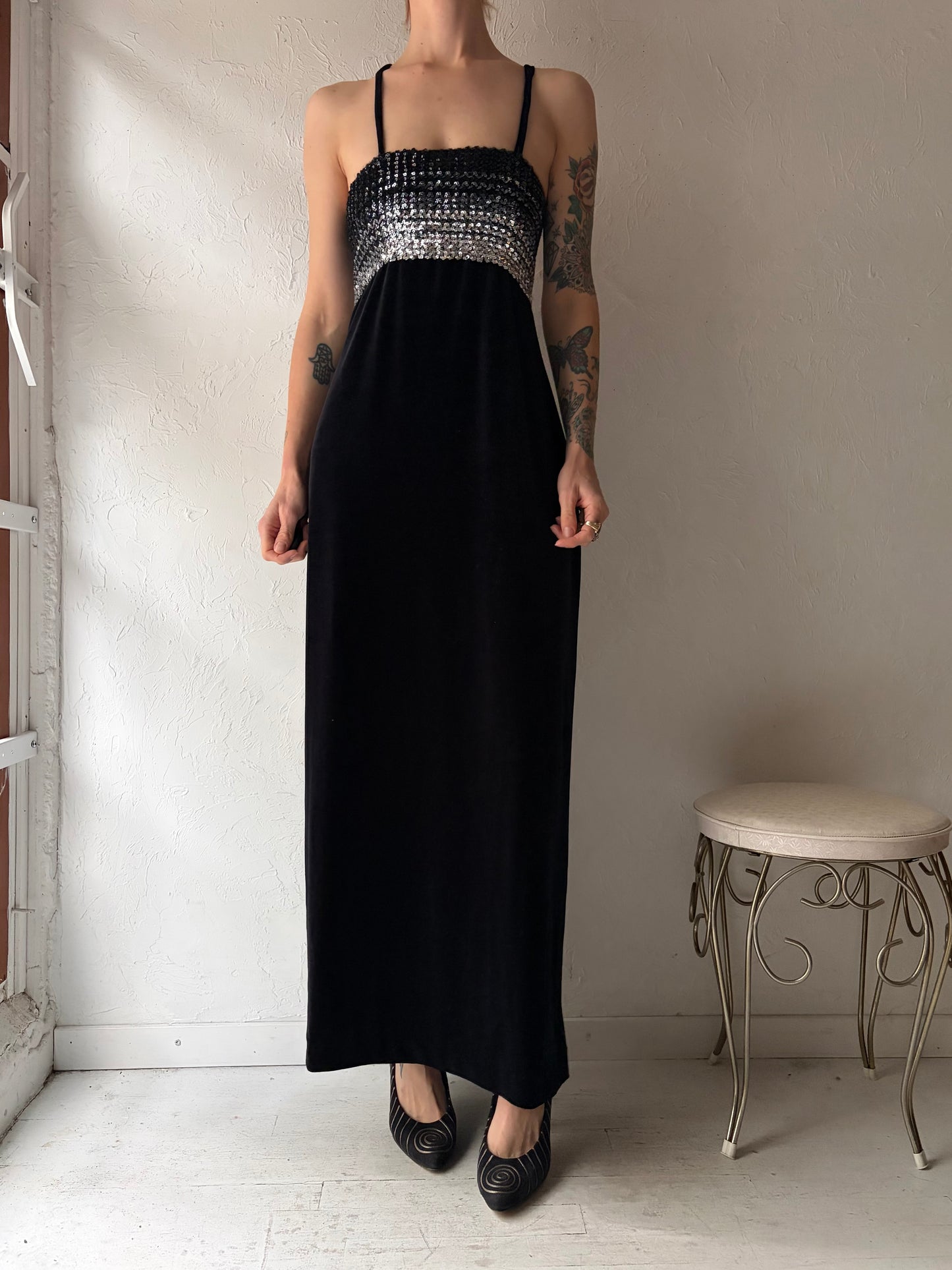 90s 'Lori Ann' Black Sequin Velvet Formal Dress / Small - Medium