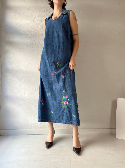 90s 'Studio Ease' Embroidered Denim Maxi Dress / Large