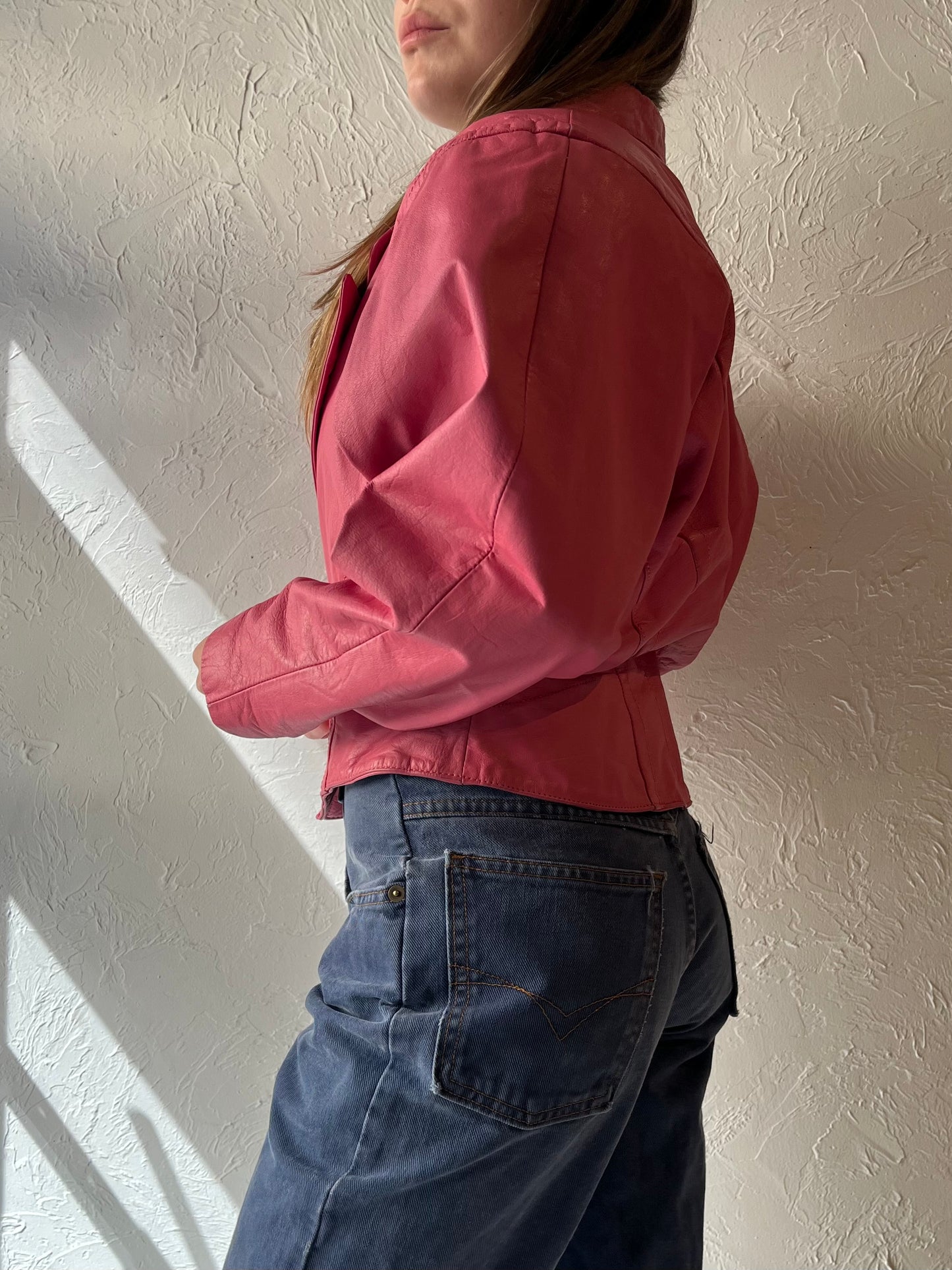 80s 'Chia' Pink Leather Bomber Jacket / Small