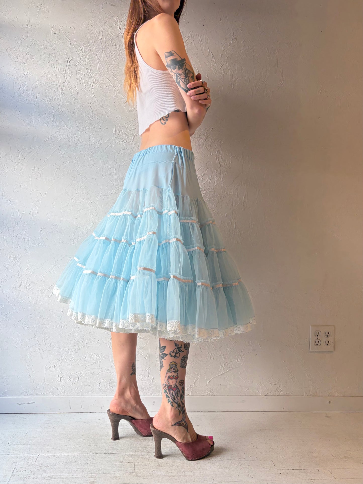 Vintage 'Sams' Blue Tiered Mesh Petticoat Skirt  / Large