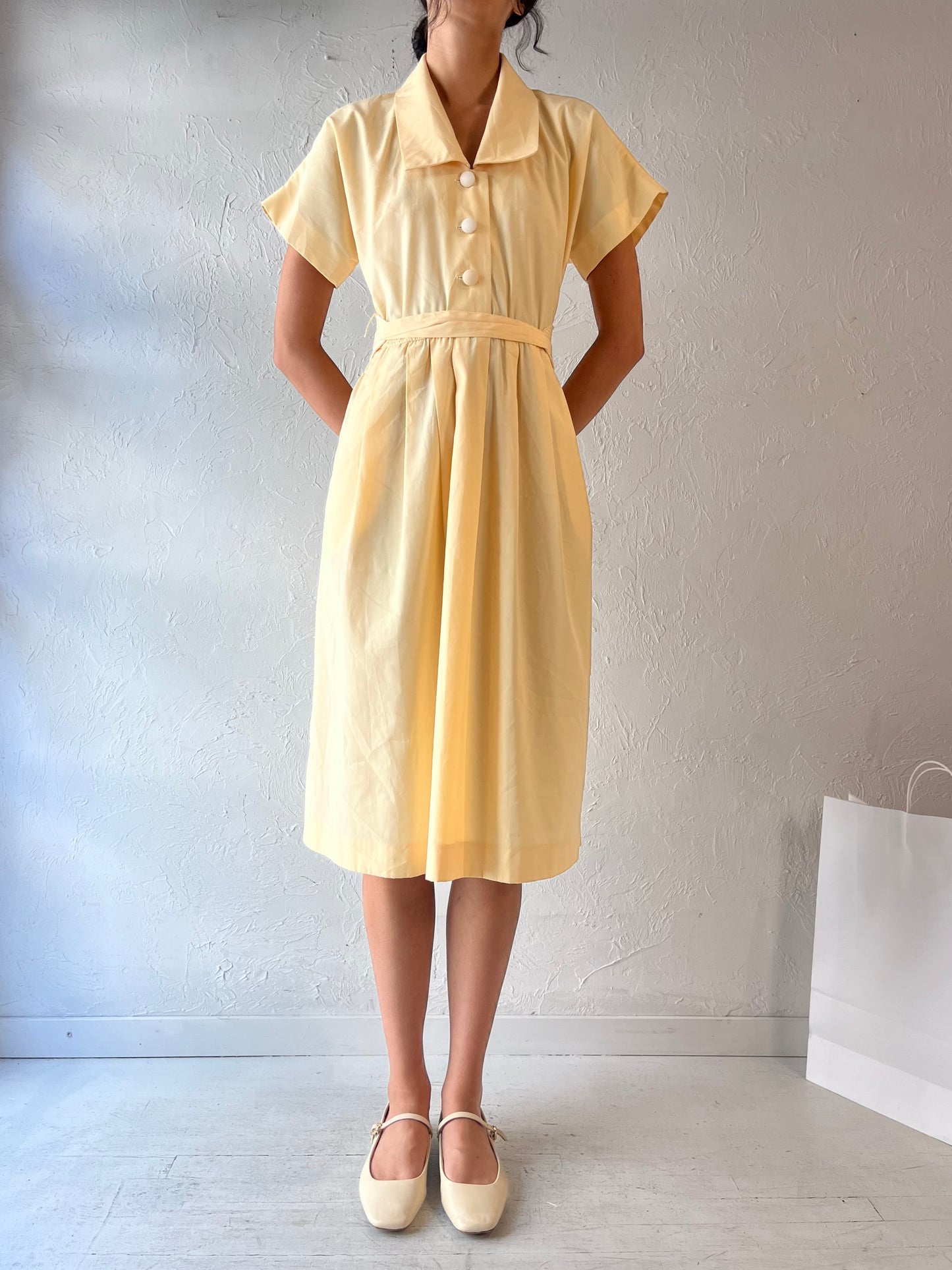 70s 'Leslie Fay' Pale Yellow Button Up Dress / Union Made / Medium