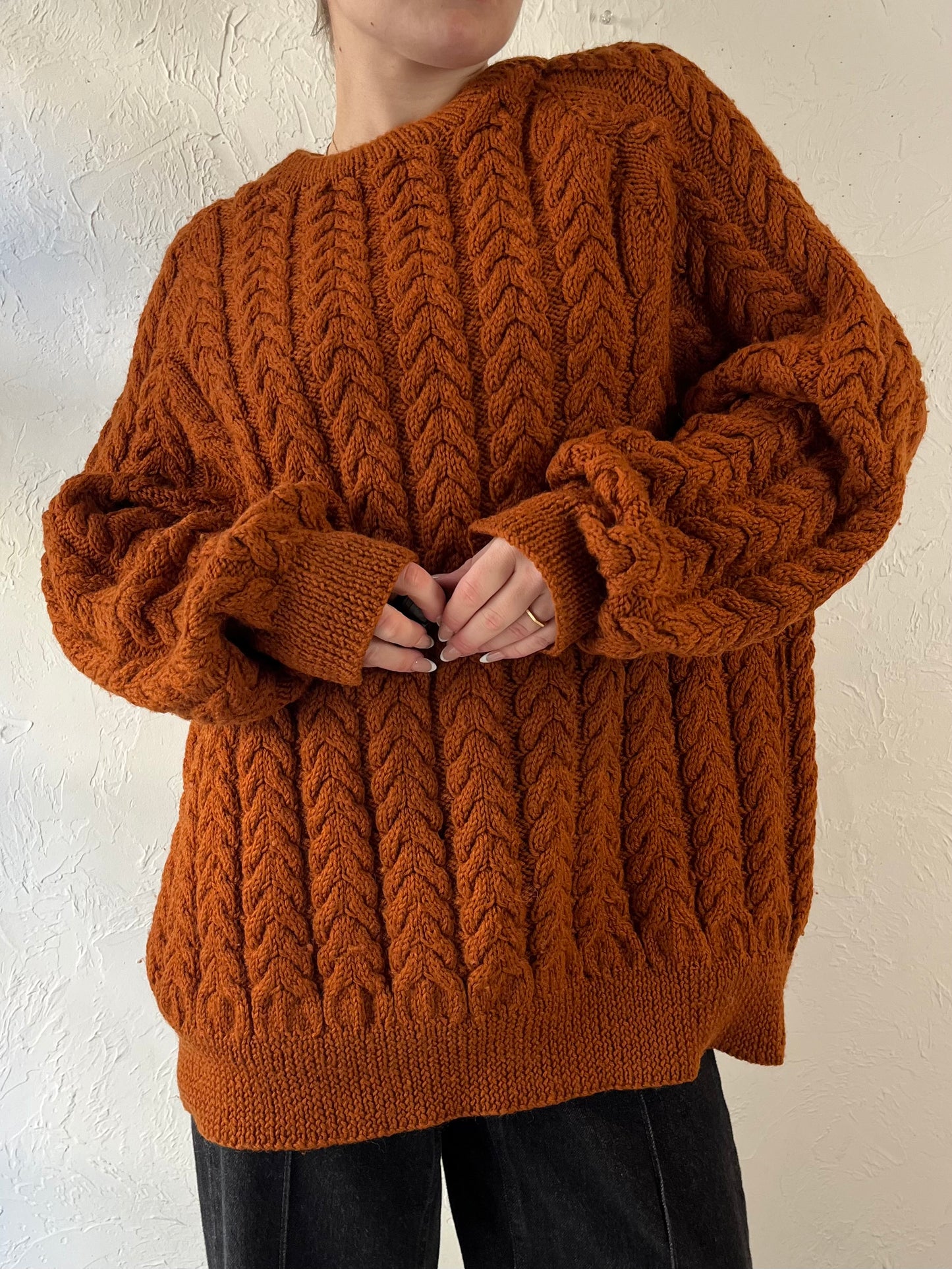 Vintage Hand Made Burnt Orange Cable Knit Sweater / Large