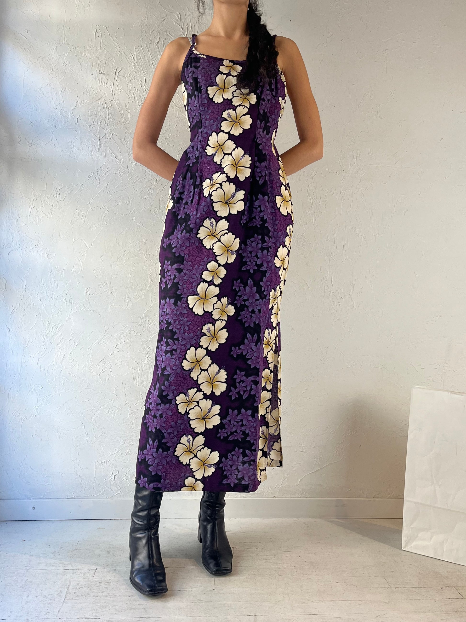 90s ‘Hawaiian Originals’ Purple Floral Maxi Dress / Medium