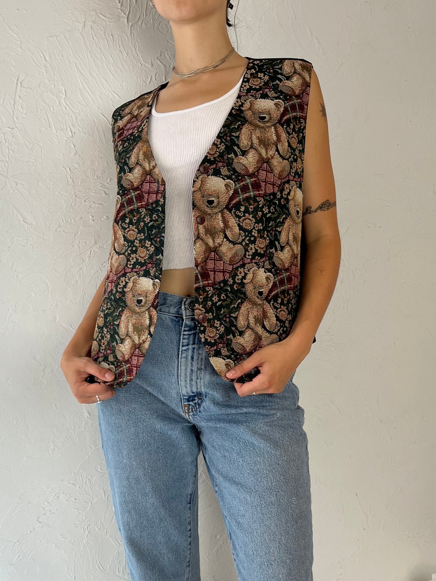 90s 'Cleo' Teddybear Tapestry Vest / Large